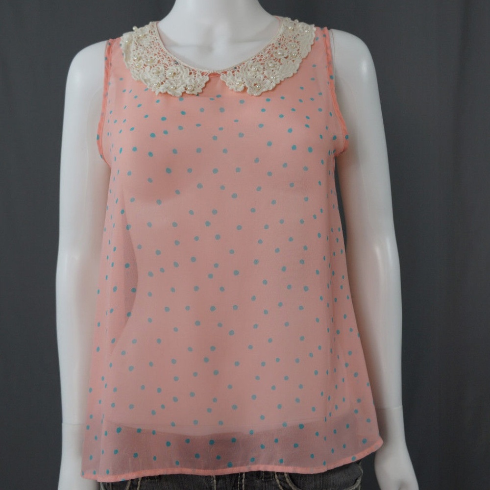 B. Jewel Lace Collar Sheer Polka Dot Sleeveless